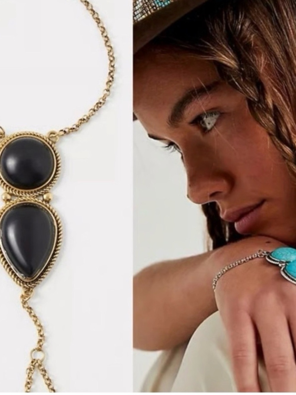 Free People Gold-Tone Hand Chain with Black Teardrop and Round Stones and Gold - Picture 1 of 3